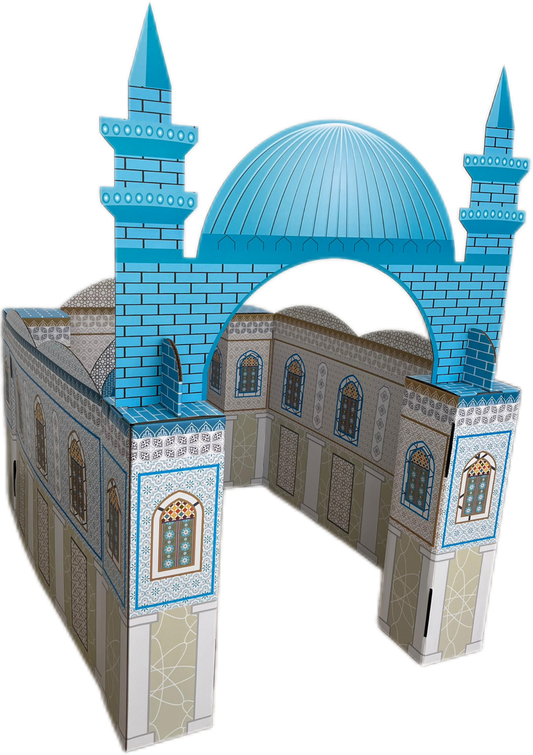 Islamische Spielmoschee aus Karton – Ansicht von der Seite mit Kuppel und Fenstern