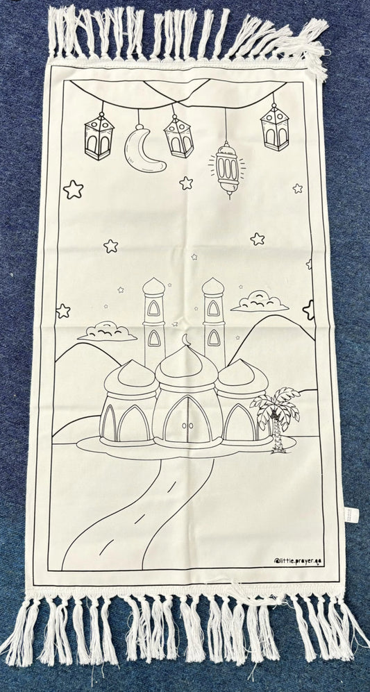 Kinder-Gebetsteppich zum Ausmalen – Moschee Motiv mit Stifte und Tasche | 100 % Baumwolle
